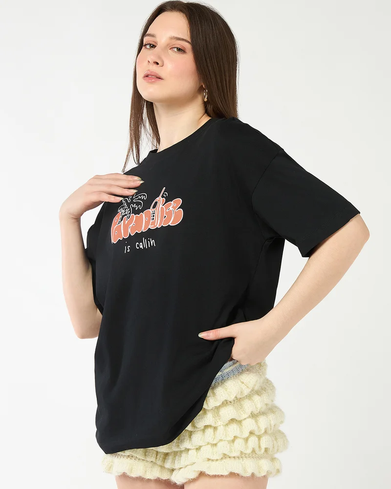 bewakoof Women's Black Paradise Graphic Printed Oversized T-shirt